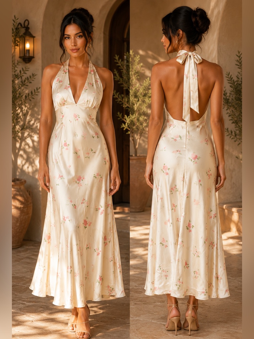 NWT Zara Floral Satin Effect Halter Midi Dress White Pink HOCO Wedding Guest XL